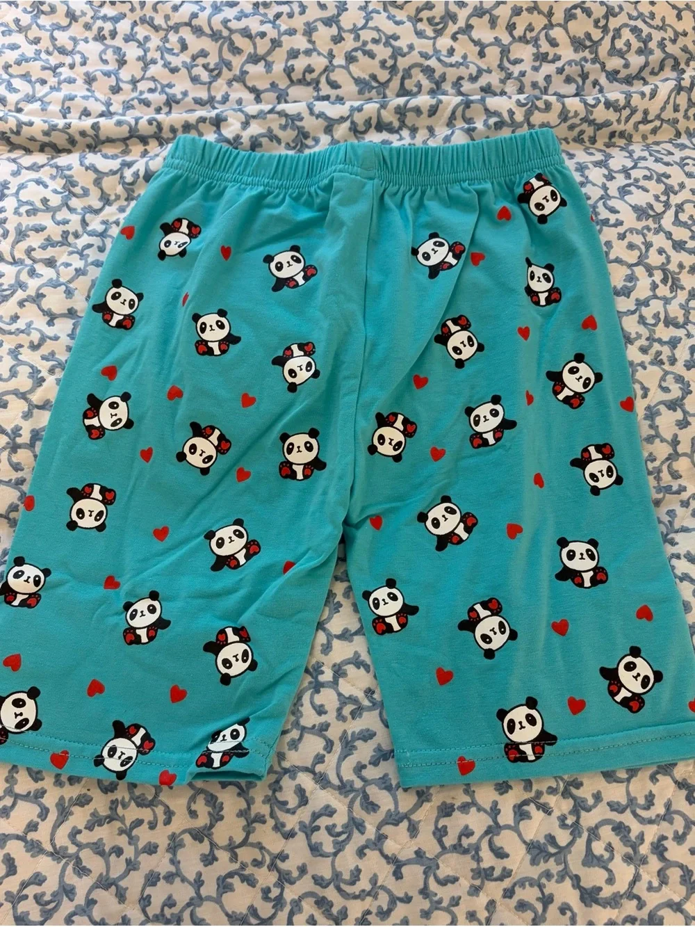 Little Hand Girls Size 7T Panda Hearts Pajama Set Turquoise Short Sleeve